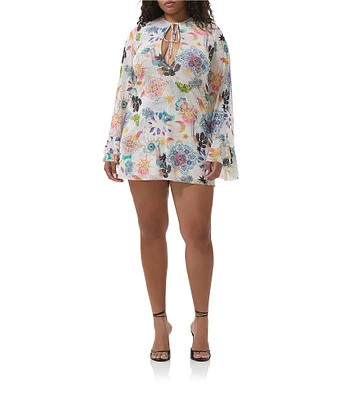 AFRM Plus Size Kori Printed Mesh Crew Neck Front Keyhole Long Bell Sleeve Mini Dress