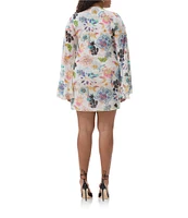 AFRM Plus Size Kori Printed Mesh Crew Neck Front Keyhole Long Bell Sleeve Mini Dress