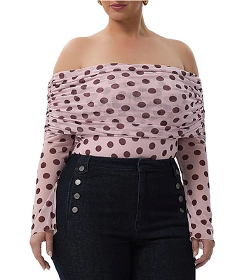 AFRM Plus Size Maxine Dot Print Off-The-Shoulder Long Sleeve Mesh Bodysuit