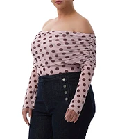 AFRM Plus Size Maxine Dot Print Off-The-Shoulder Long Sleeve Mesh Bodysuit