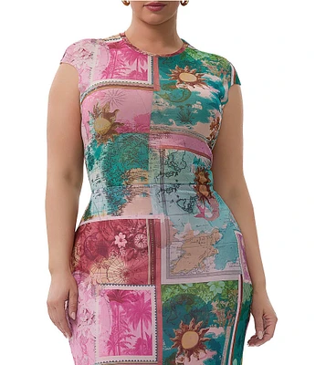AFRM Plus Size Nina Coordinating Tropical Postcard Print Crewneck Short Sleeve Mesh Top