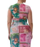 AFRM Plus Size Nina Coordinating Tropical Postcard Print Crewneck Short Sleeve Mesh Top