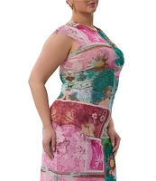 AFRM Plus Size Nina Coordinating Tropical Postcard Print Crewneck Short Sleeve Mesh Top