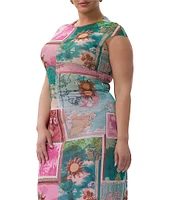 AFRM Plus Size Nina Coordinating Tropical Postcard Print Crewneck Short Sleeve Mesh Top