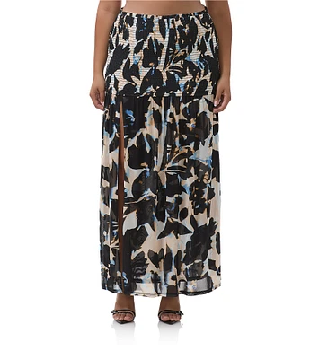 AFRM Plus Size Quincy Floral Mesh Smocked Slit Detail Maxi Skirt