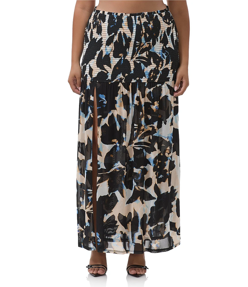 AFRM Plus Size Quincy Floral Mesh Smocked Slit Detail Coordinating Maxi Skirt