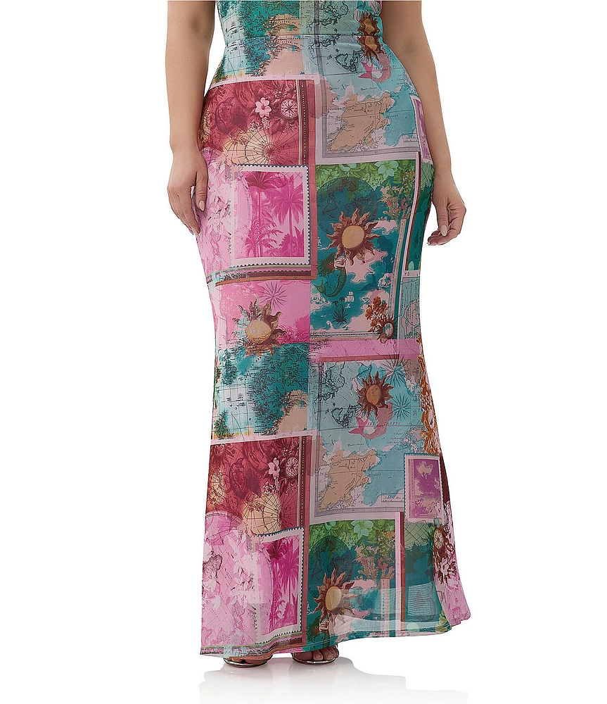 AFRM Plus Size Tegan Coordinating Tropical Postcard Print Mesh Maxi Mermaid Skirt