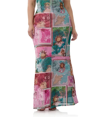 AFRM Plus Size Tegan Coordinating Tropical Postcard Print Mesh Maxi Mermaid Skirt