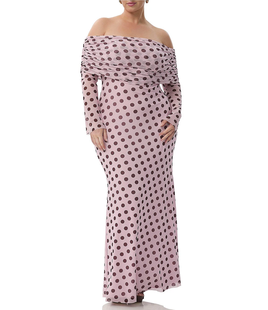 AFRM Plus Thelma Dot Print Off-the-Shoulder Long Sleeve Mesh Maxi Dress