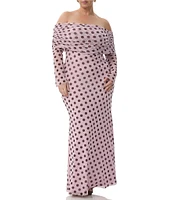 AFRM Plus Thelma Dot Print Off-the-Shoulder Long Sleeve Mesh Maxi Dress