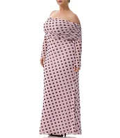 AFRM Plus Thelma Dot Print Off-the-Shoulder Long Sleeve Mesh Maxi Dress