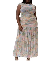 AFRM Plus Val Floral Print Ruched Mesh Pleated Coordinating Skirt
