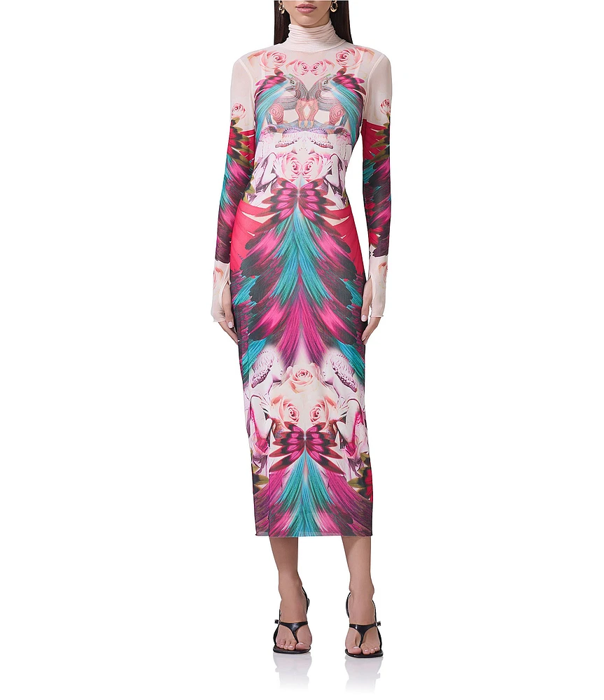 AFRM Shailene Feather Printed Turtleneck Long Sleeve Midi Dress