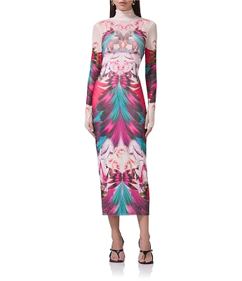 AFRM Shailene Feather Printed Turtleneck Long Sleeve Midi Dress