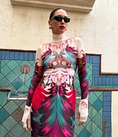 AFRM Shailene Feather Printed Turtleneck Long Sleeve Midi Dress