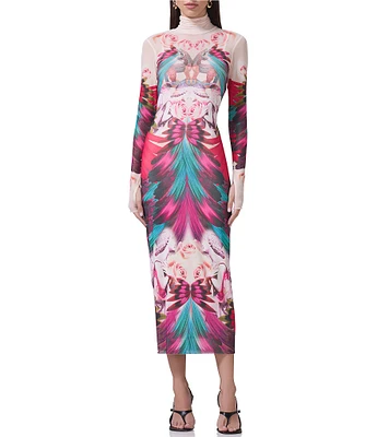 AFRM Shailene Feather Printed Turtleneck Long Sleeve Midi Dress