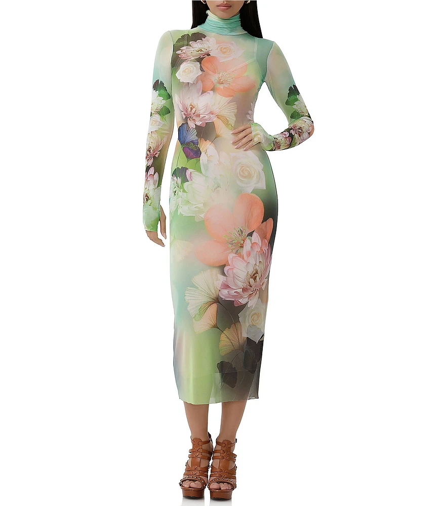 AFRM Shailene Floral Placed Print Turtleneck Long Sleeve Midi Dress