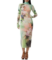 AFRM Shailene Floral Placed Print Turtleneck Long Sleeve Midi Dress