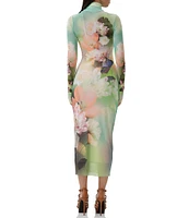 AFRM Shailene Floral Placed Print Turtleneck Long Sleeve Midi Dress