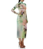 AFRM Shailene Floral Placed Print Turtleneck Long Sleeve Midi Dress