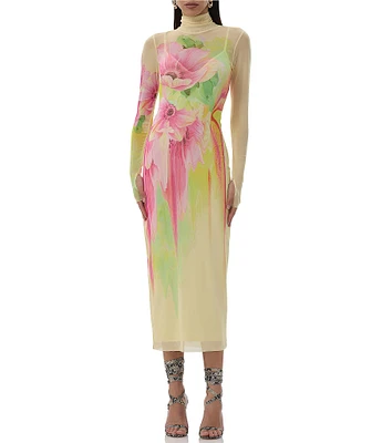 AFRM Shailene Floral Print Mock Neck Long Sleeve Mesh Midi Dress