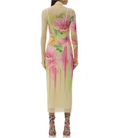 AFRM Shailene Floral Print Mock Neck Long Sleeve Mesh Midi Dress