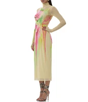 AFRM Shailene Floral Print Mock Neck Long Sleeve Mesh Midi Dress