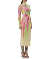 AFRM Shailene Floral Print Mock Neck Long Sleeve Mesh Midi Dress