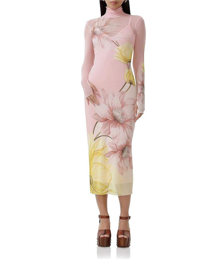 AFRM Shailene Floral Print Turtleneck Long Sleeve Midi Dress