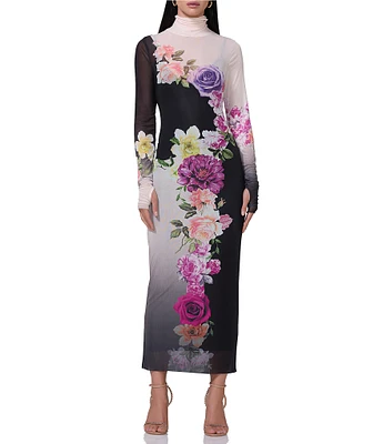 AFRM Shailene Floral Printed Mesh Turtleneck Long Sleeve Midi Dress