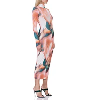 AFRM Shailene Mesh Abstract Print Turtleneck Long Sleeve Bodycon Midi Dress