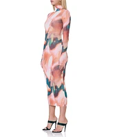 AFRM Shailene Mesh Abstract Print Turtleneck Long Sleeve Bodycon Midi Dress