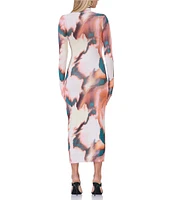 AFRM Shailene Mesh Abstract Print Turtleneck Long Sleeve Bodycon Midi Dress