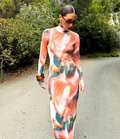 AFRM Shailene Mesh Abstract Print Turtleneck Long Sleeve Bodycon Midi Dress