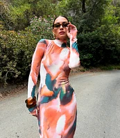 AFRM Shailene Mesh Abstract Print Turtleneck Long Sleeve Bodycon Midi Dress