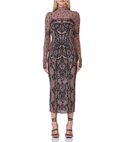 AFRM Shailene Mesh Corset Print Turtleneck Long Sleeve Bodycon Midi Dress