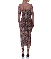 AFRM Shailene Mesh Corset Print Turtleneck Long Sleeve Bodycon Midi Dress