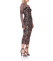 AFRM Shailene Mesh Corset Print Turtleneck Long Sleeve Bodycon Midi Dress