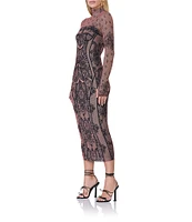 AFRM Shailene Mesh Corset Print Turtleneck Long Sleeve Bodycon Midi Dress