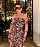 AFRM Shailene Mesh Corset Print Turtleneck Long Sleeve Bodycon Midi Dress