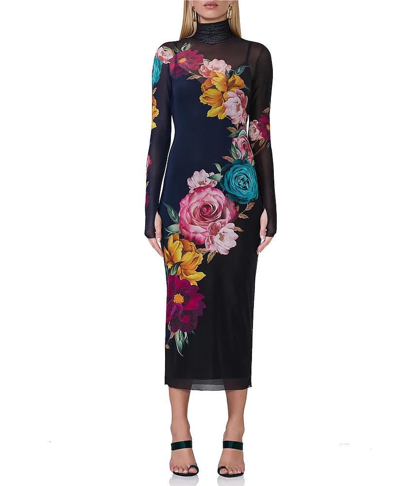 AFRM Shailene Mesh Floral Print Turtleneck Long Sleeve Bodycon Midi Dress