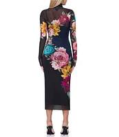 AFRM Shailene Mesh Floral Print Turtleneck Long Sleeve Bodycon Midi Dress