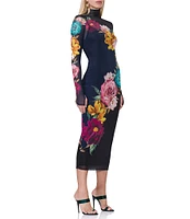 AFRM Shailene Mesh Floral Print Turtleneck Long Sleeve Bodycon Midi Dress