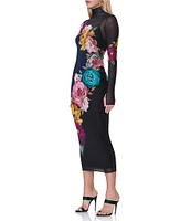 AFRM Shailene Mesh Floral Print Turtleneck Long Sleeve Bodycon Midi Dress