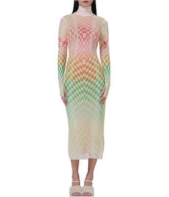 AFRM Shailene Mesh Geometric Print Turtleneck Long Sleeve Midi Dress