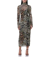 AFRM Shailene Animal Printed Mesh Turtleneck Long Sleeve Midi Dress