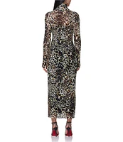 AFRM Shailene Animal Printed Mesh Turtleneck Long Sleeve Midi Dress