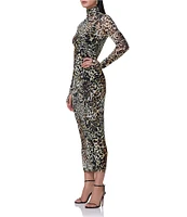 AFRM Shailene Animal Printed Mesh Turtleneck Long Sleeve Midi Dress