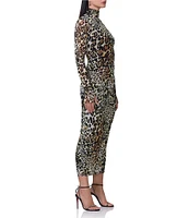 AFRM Shailene Animal Printed Mesh Turtleneck Long Sleeve Midi Dress