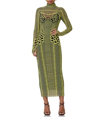 AFRM Shailene Printed Mesh Turtleneck Long Sleeve Midi Dress